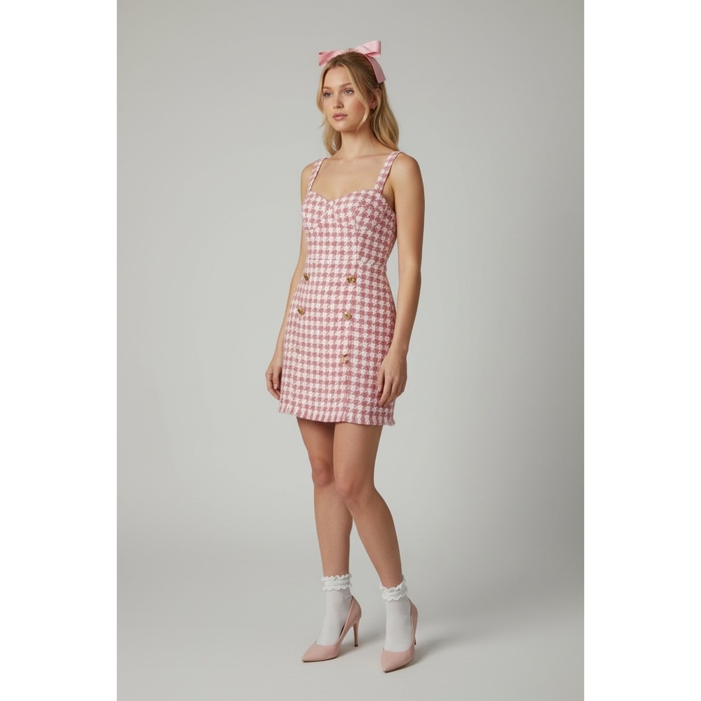 Forever 21 Houndstooth Mini Dress Button Front Sleeveless Pink White M - Picture 1 of 9